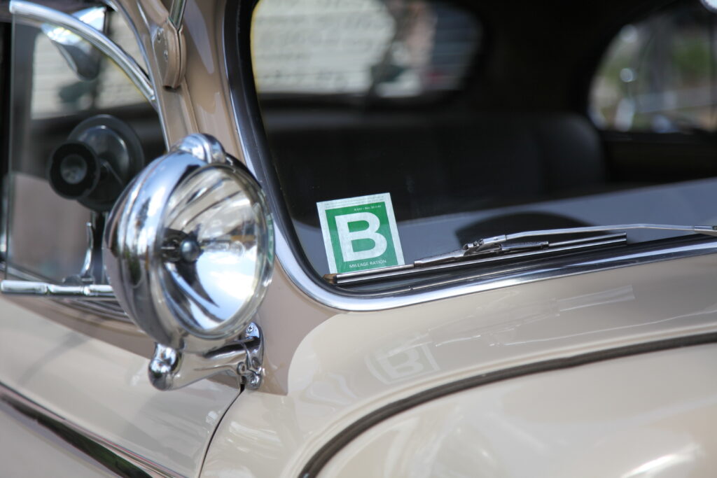 "B" Ration sticker front on a 1939 Lincoln Zephyr. (©Photo by Segura)