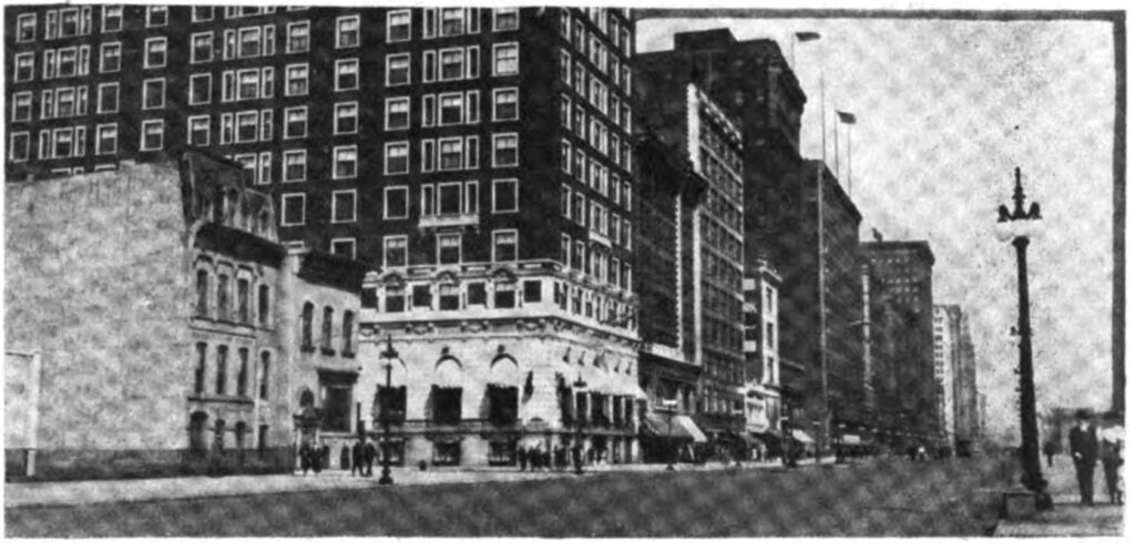 Chicago's Michigan Avenue, looking north from the Blackstone, deserted and bare on a gasless Sunday.