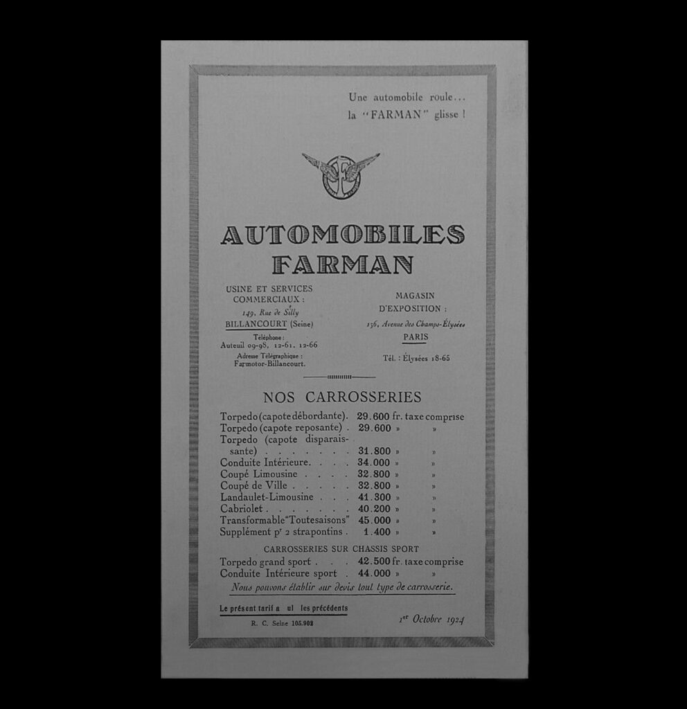 1924 Automobiles Farman brochure.