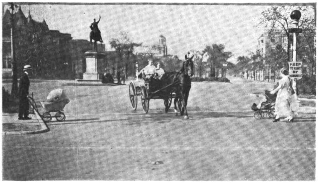 On gasless Sundays in Chicago the family nag comes into his own and the baby go-cart has the right of way on the boulevards.