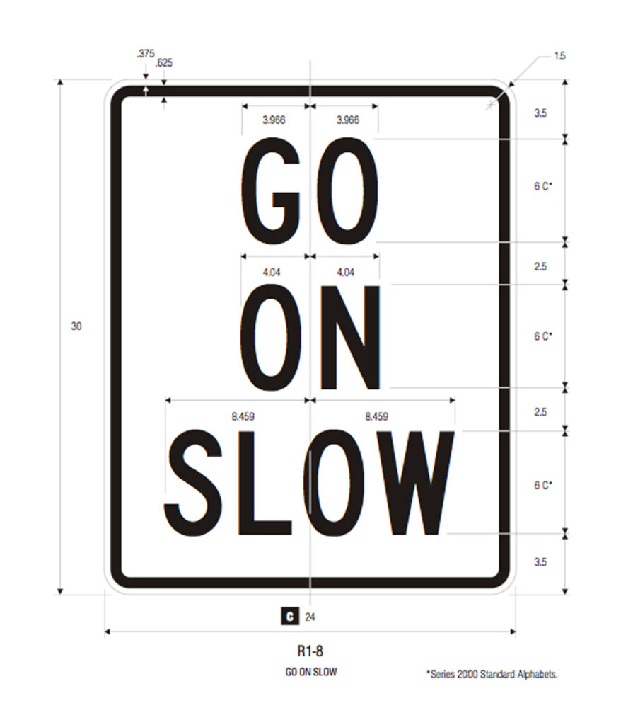 R1-8 GO ON SLOW sign design details.