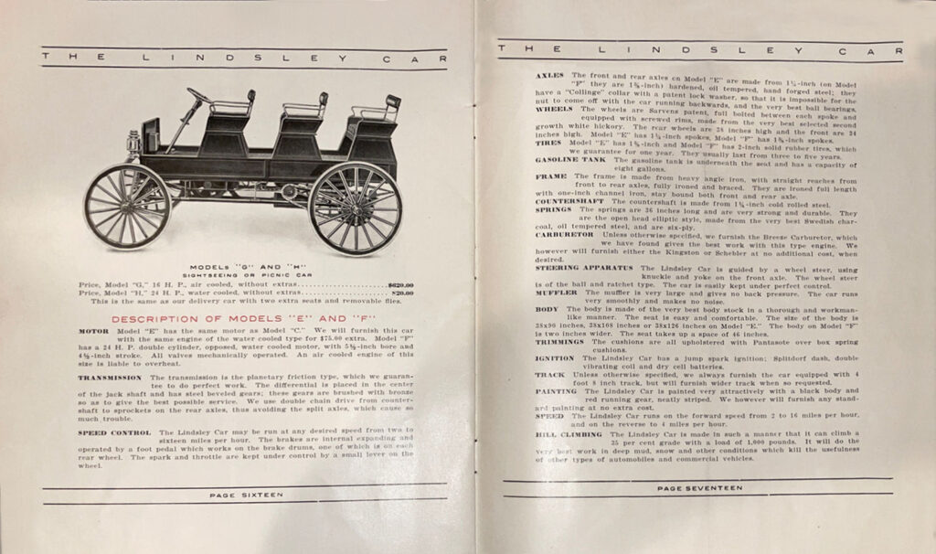 1908 Lindsey brochure Models "E" and "F" page.