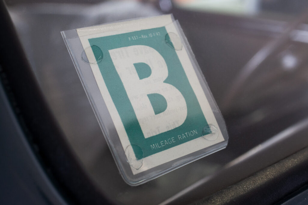 "B" gas ration sticker. (©Photo by Segura)