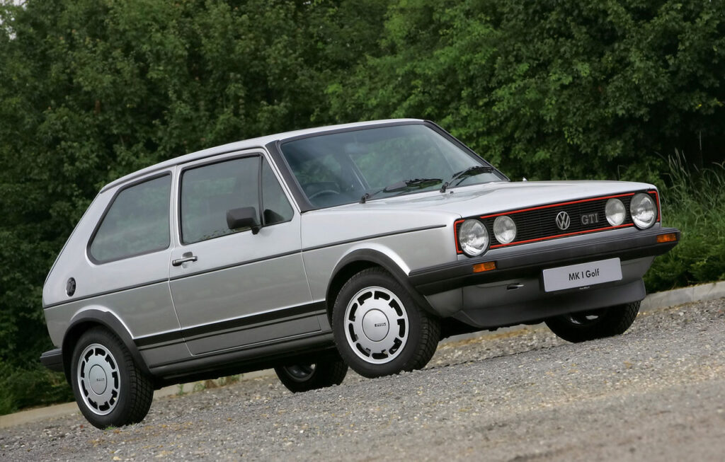 While this image of a 1977 Volkswagen Golf GTI is officially from VW, it is incorrect since the GTI only came with a black VW logo (not chrome).