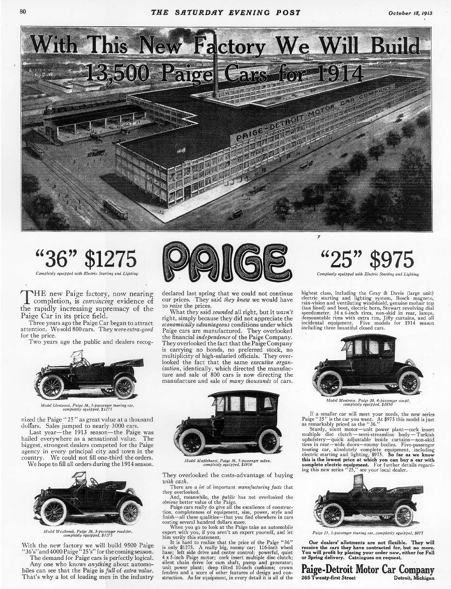 1914 Models Paige ad with old styling. Saturday Evening Post, October 18, 1913, page 80. (source: Bill Roberts)