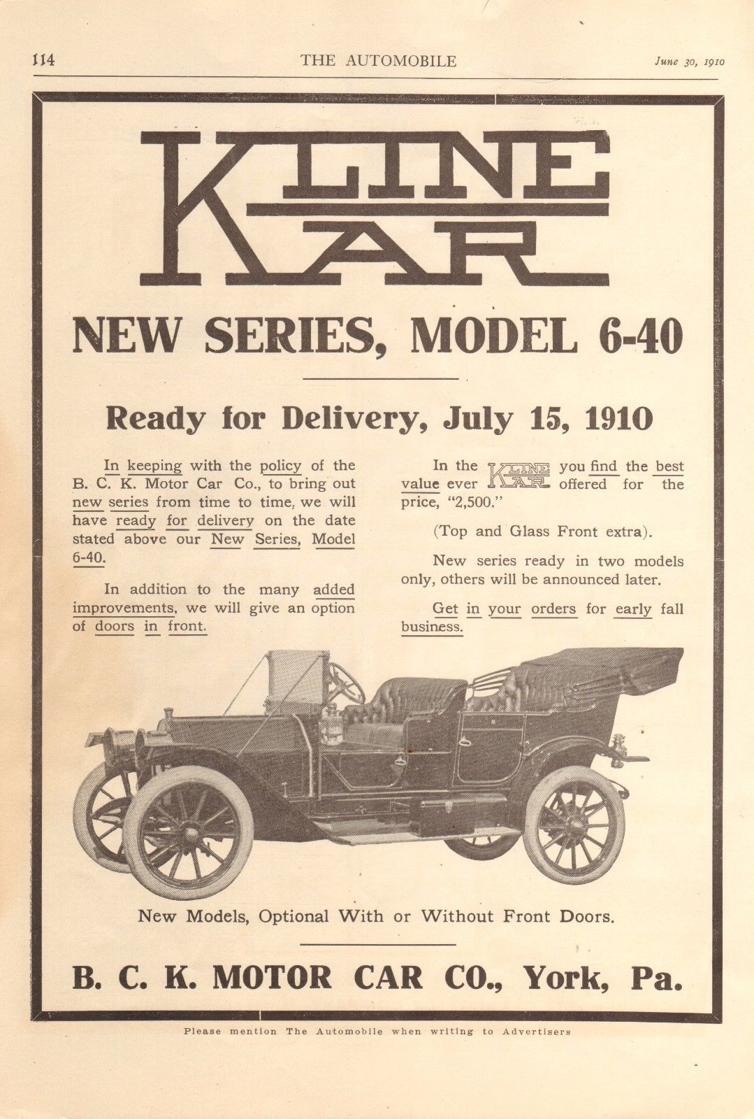 1910 BCK KlineKar model 6-40 ad.