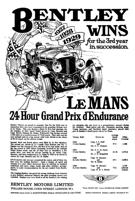 1929 Bentley Le Mans wins ad. (source: Bentley)