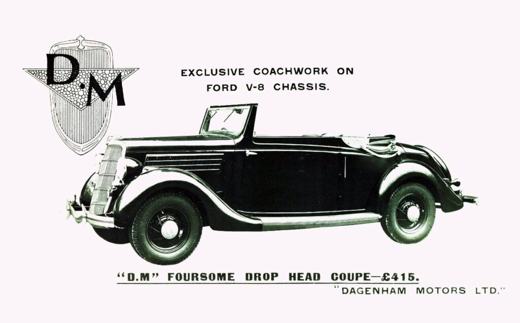 1935 Ford V8 D.M. Foursome Drophead Coupe (U.K.) Custom coachwork by Dagenham Motors Ltd. of London on the 1935 Ford chassis. (source: AutoHistorian )