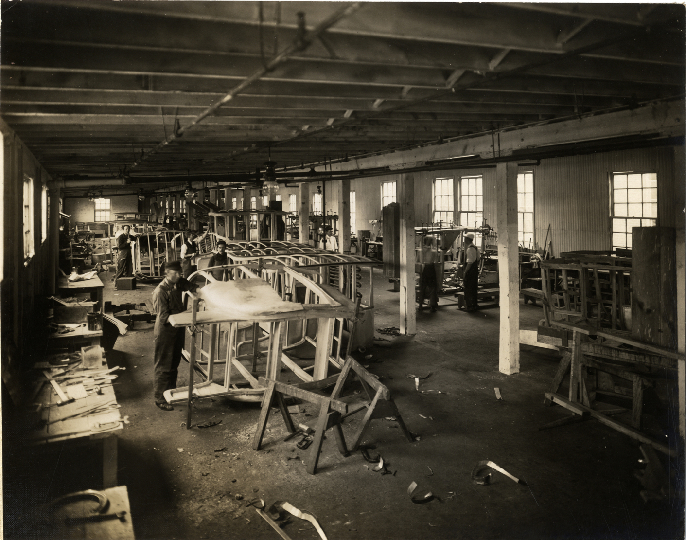 workers assembling Detroit Electric car bodies at the Anderson Electric Car Company factory. (source: National Automotive History Collection, Detroit Public Library)