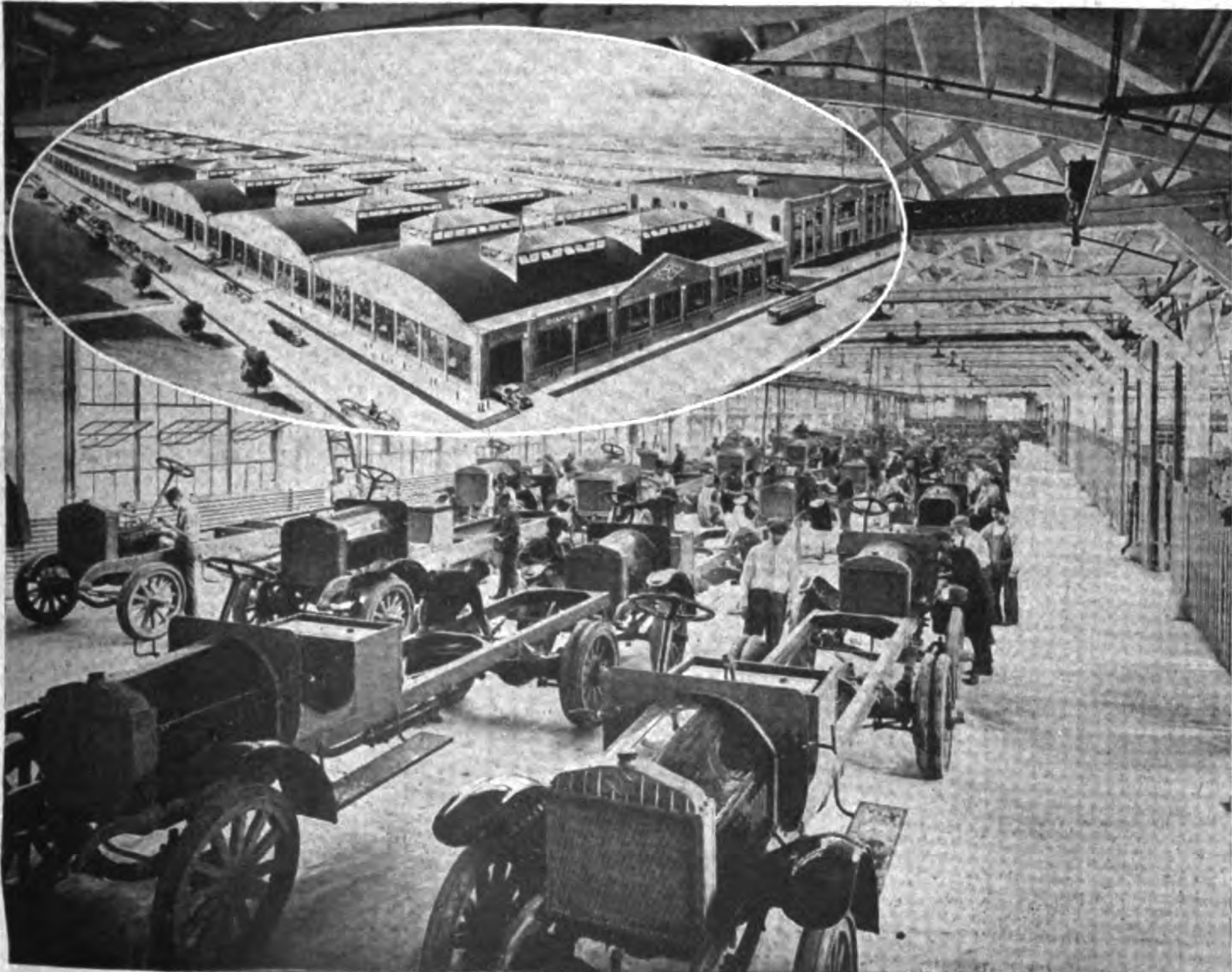 The Diamond T Motor Car Company truck plant in Chicago, and the insert shows an exterior view of the plant. This company began business in 1905, producing passenger cars only. In 1911 the truck line was added, and a year later passenger car production was abandoned. Up to the fall of I915 production was limited practically to local con­sumption in and around Chicago.