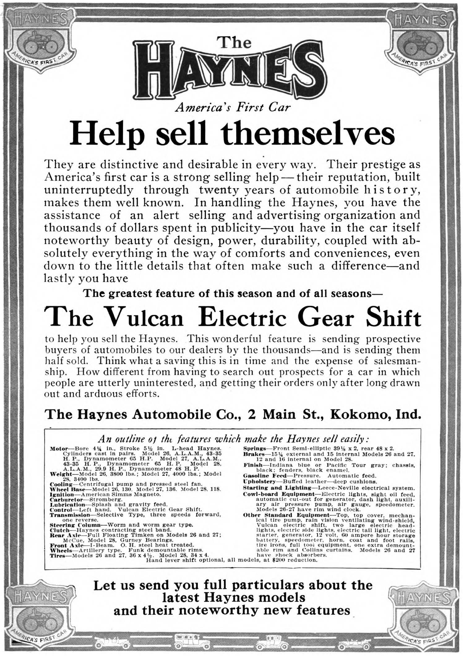 1913 Haynes "Vulcan Electric Gear Shift" ad.