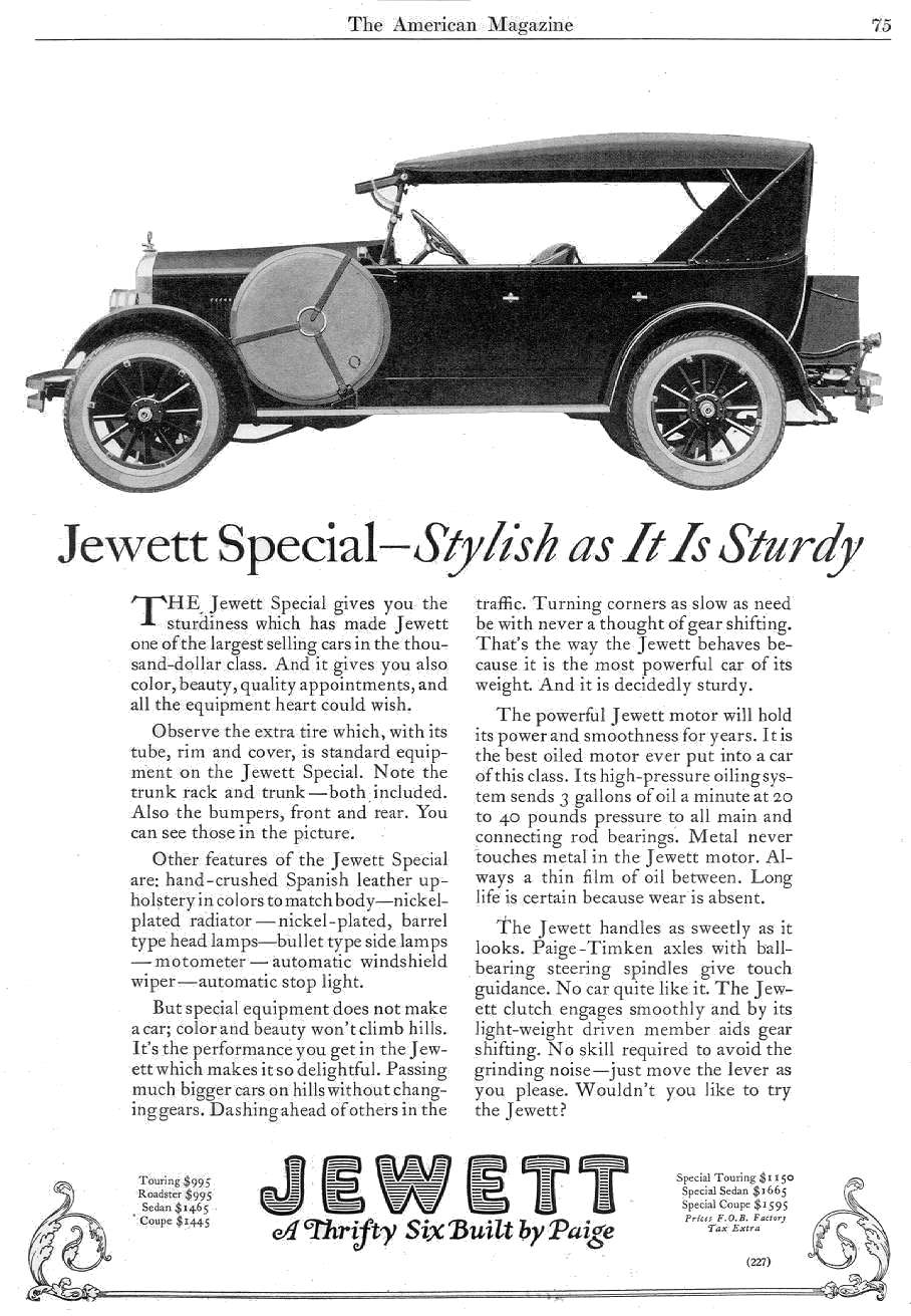 1923 Jewett Special Touring ad in The American Magazine. (source: Bill Roberts)