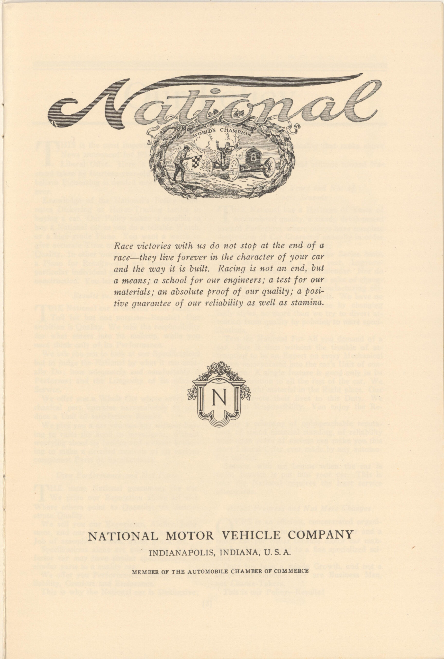 National Motor Cars brochure intro. (source: Early Automobile Companies Ephemera Collection, 1910-1932. Courtesy Northwestern University Transportation Library)