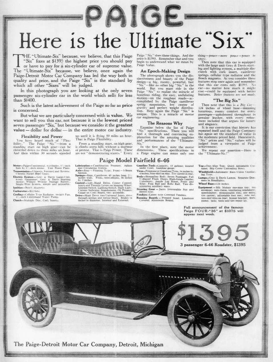 1915 Paige "Six-46" ad in The Saturday Evening Post, January 2, 1915. (source: Bill Roberts)