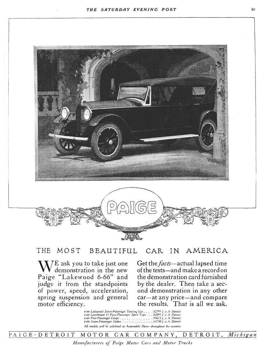 1921 Paige 6-66 models ad in The Saturday Evening Post Magazine, February 5, 1921. (source: Bill Roberts)