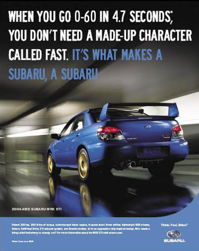 Subaru's ad making fun of Volkswagen's "Fast" character.